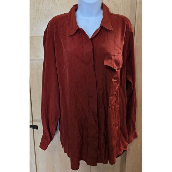 Womens Rust Button-Up Long-Sleeve Blouse Shirt W/ Chest Pocket & Back Pleat - Picture 3 of 10